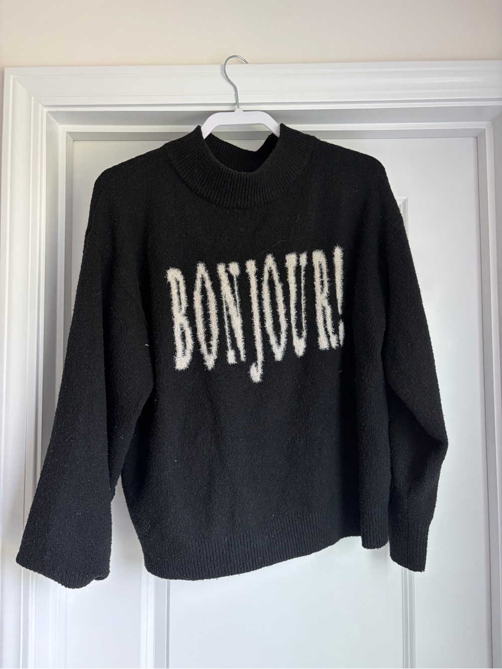 a new day Black Sweater with White 'BONJOUR' Text - Women
